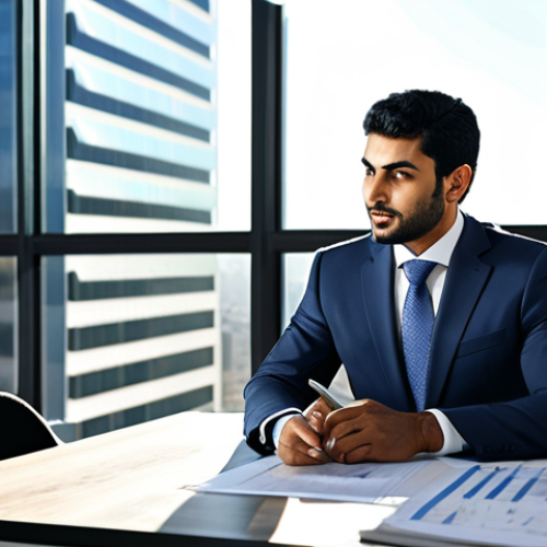 Home 8 녹색산업 전문가의 직무 일지 - "A professional Arab businessman in a modern office, fully clothed in a modest suit and tie, reviewi...