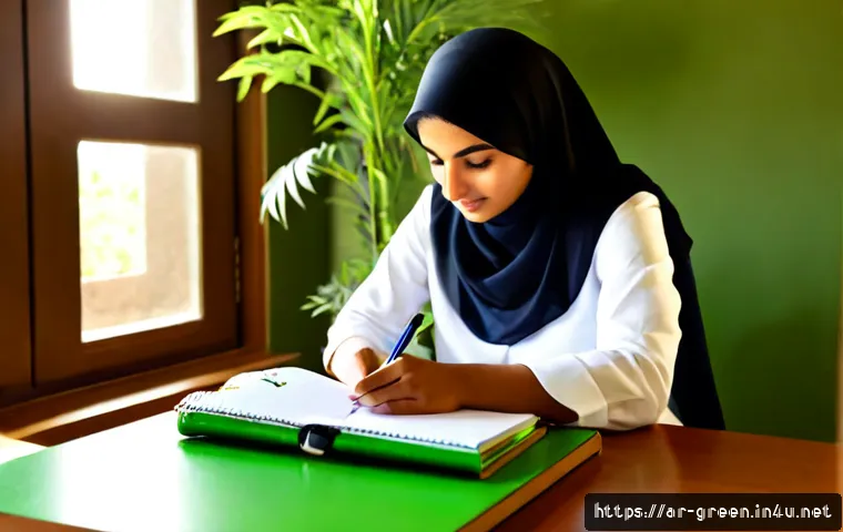 녹색산업 업무일기 작성법 - Photorealistic Arab sustainability manager in modest business attire and hijab writing a green indus...